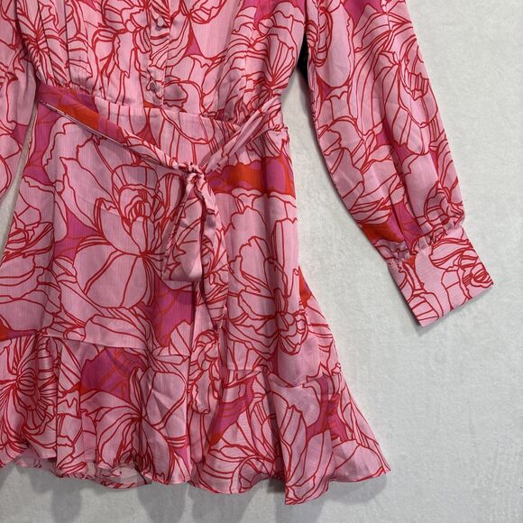 Boston Proper Blooming Outlines Print Button Up Ruffle Flounce Dress Pink 14 NWT - Picture 6 of 16